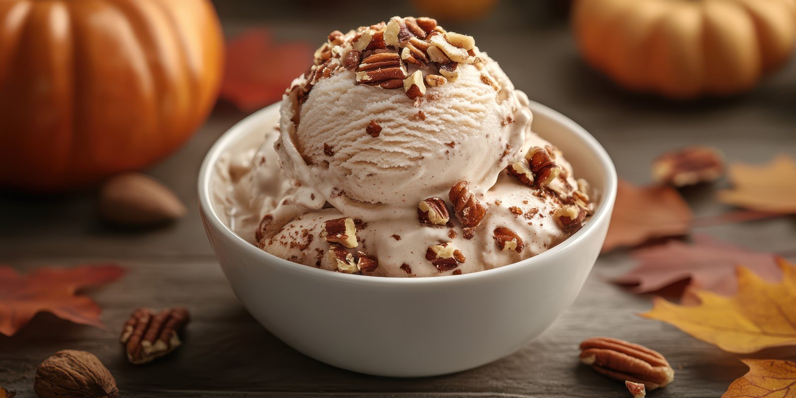 Delicious pumpkin ice cream topped with crunchy pecans served in a white bowl surrounded by autumn leaves and pumpkins